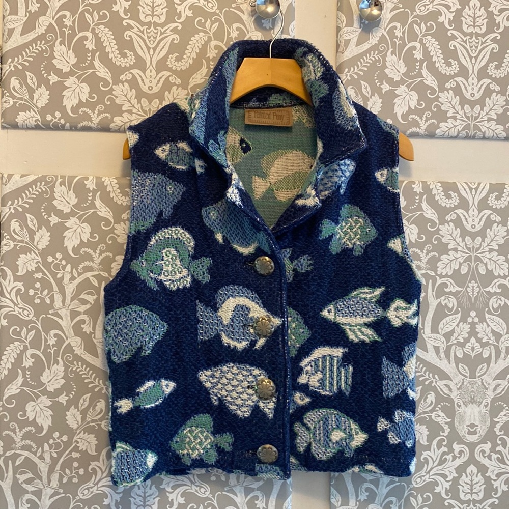 Tropical Fish Themed Painted Pony Tapestry Vest blue, cream and green.